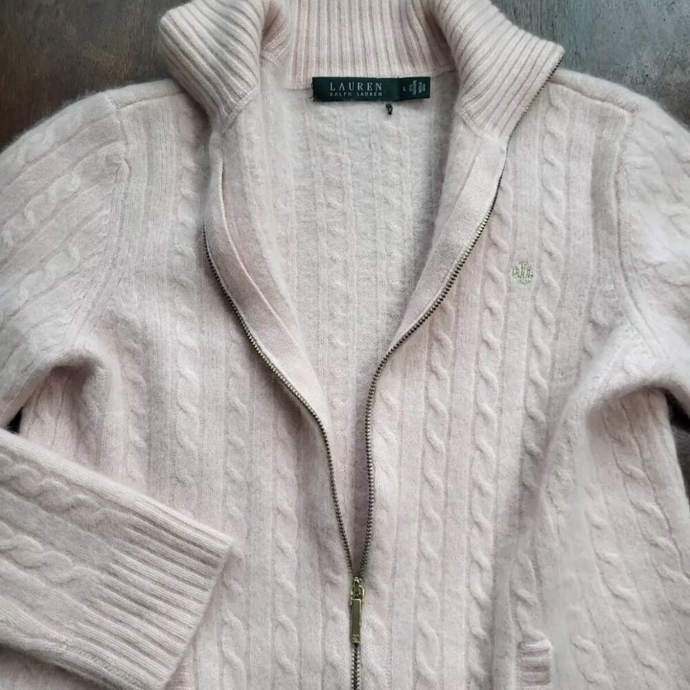 RALPH LAUREN 100% CASHMERE Pale Pink Gold Zip Logo Cable Knit Turtleneck Sweater - Picture 4 of 9